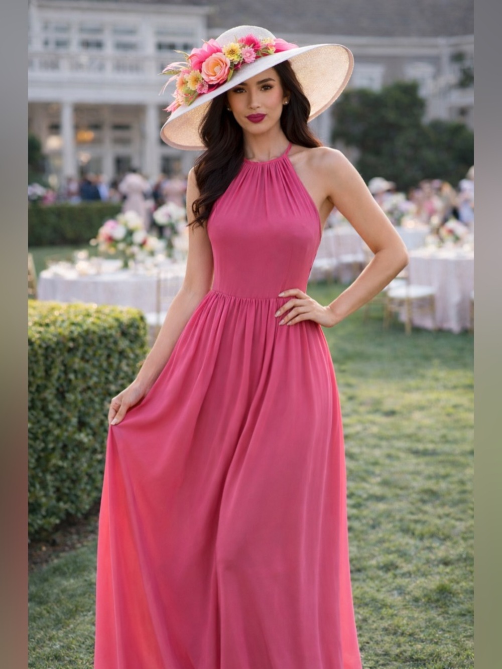 NWOT Monique Lhuillier Pink Chiffon Maxi Dress Sz 6 Halter Derby Wedding Guest